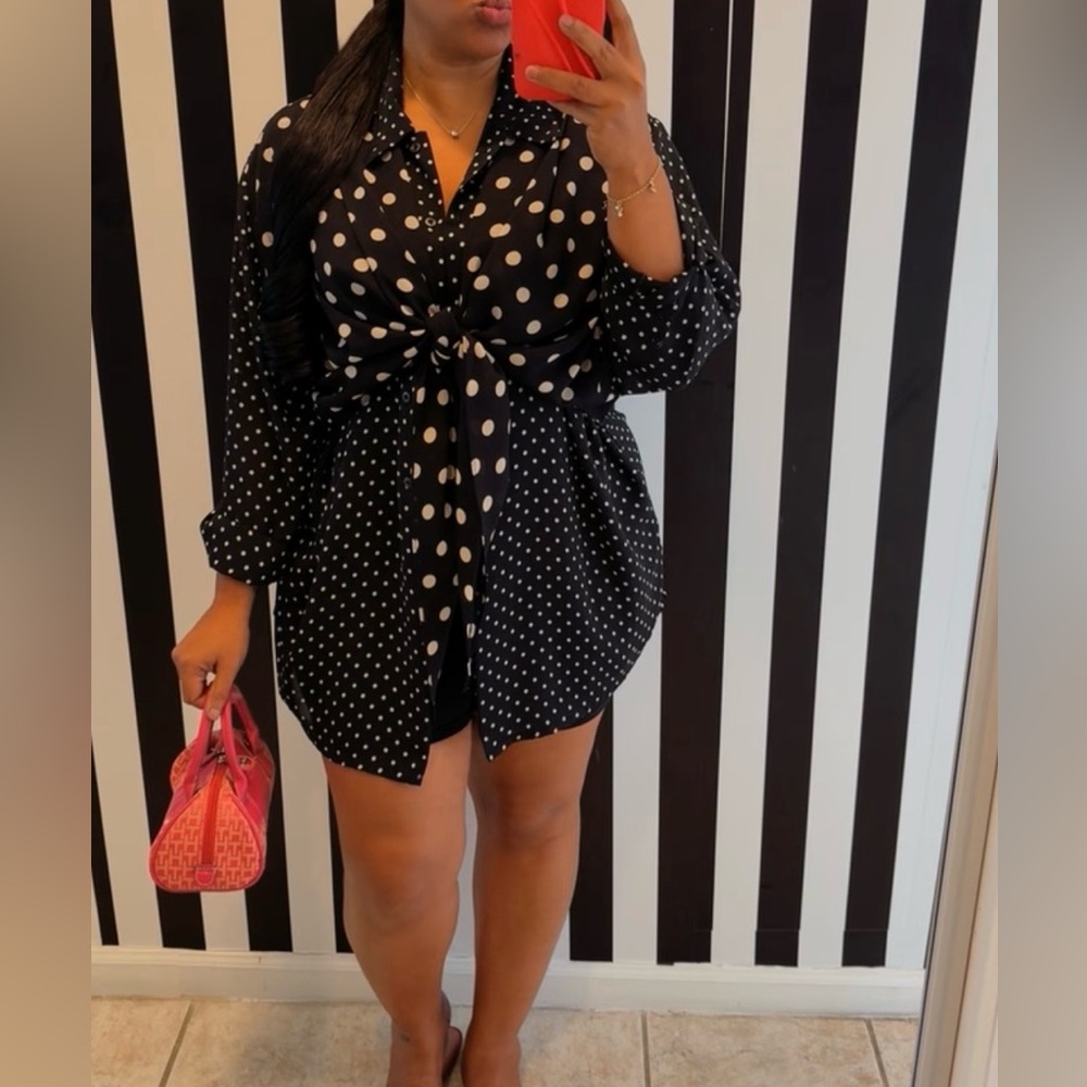 Polka Dot Tie-Front Black Women's Blouse